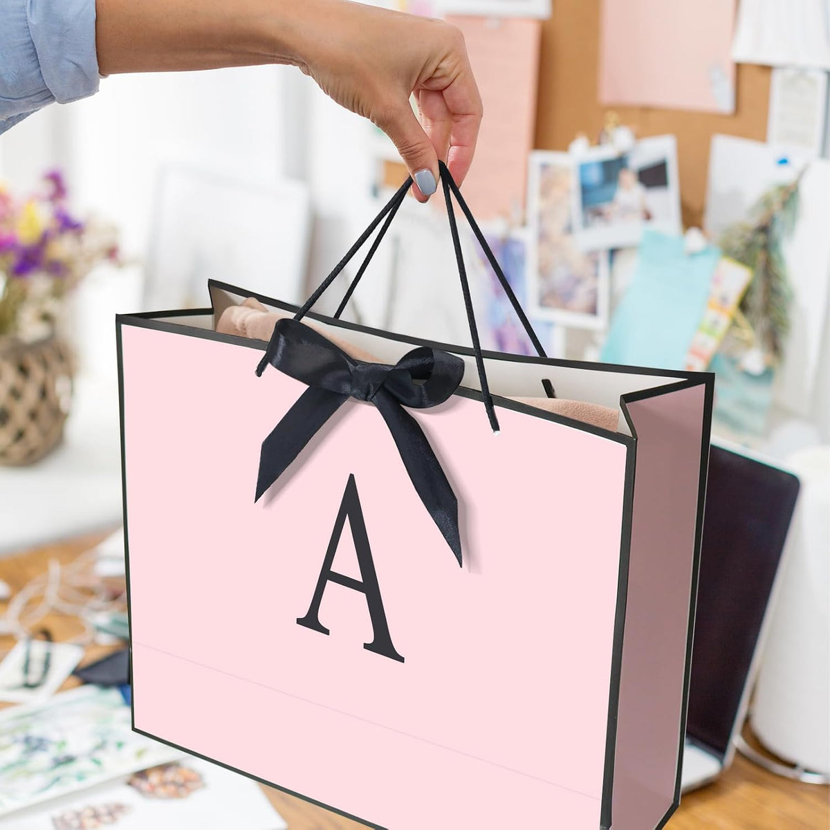 Personalized Initial Paper Bag for Women Grils,Monogrammed Gift Bag with Bow Ribbon,Wrapping Tissue and Card Matching Envelope Sticker (Pink, A-Medium)