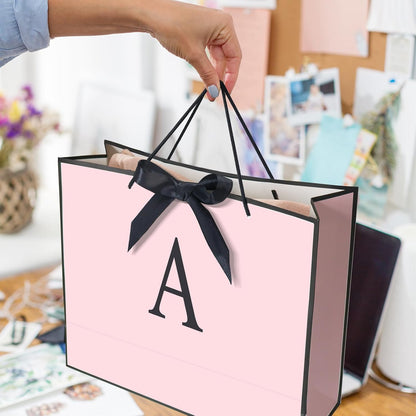 Personalized Initial Paper Bag for Women Grils,Monogrammed Gift Bag with Bow Ribbon,Wrapping Tissue and Card Matching Envelope Sticker (Pink, A-Medium)