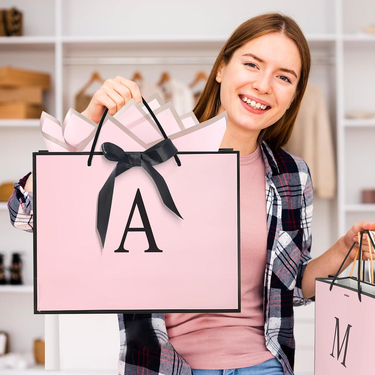 Personalized Initial Paper Bag for Women Grils,Monogrammed Gift Bag with Bow Ribbon,Wrapping Tissue and Card Matching Envelope Sticker (Pink, A-Medium)