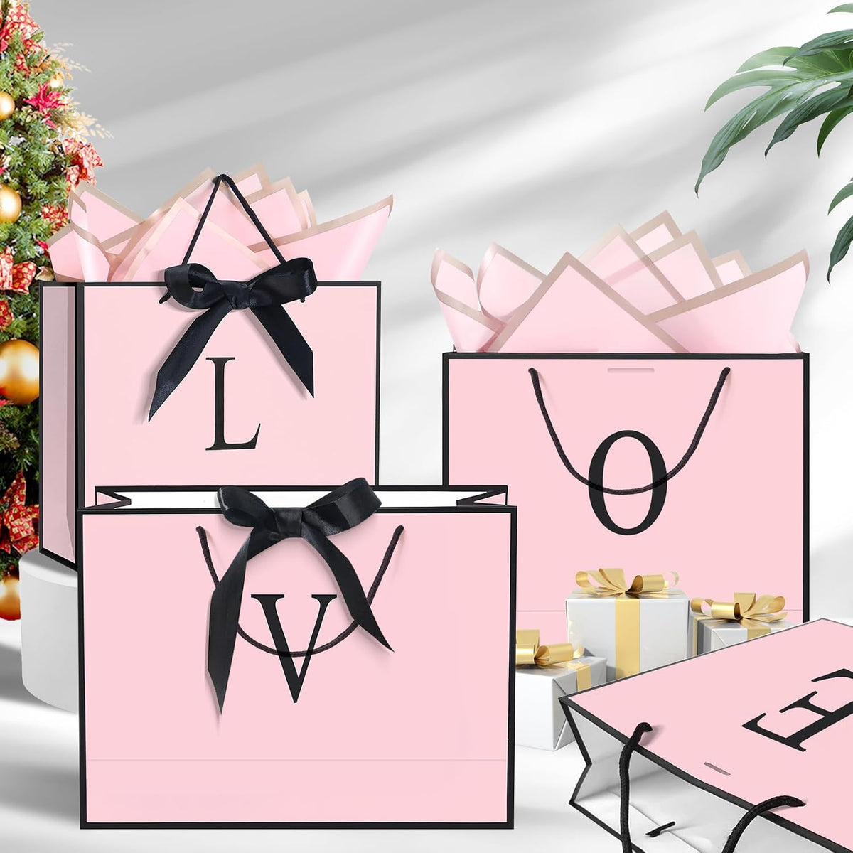 Personalized Initial Paper Bag for Women Grils,Monogrammed Gift Bag with Bow Ribbon,Wrapping Tissue and Card Matching Envelope Sticker (Pink, A-Medium)