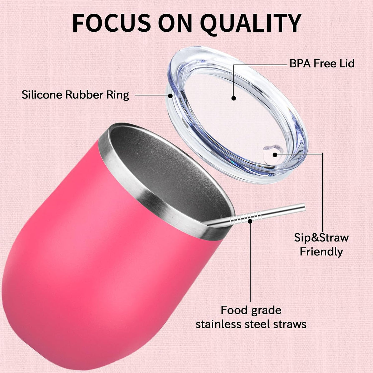 12oz/1Pack Stainless Steel Wine Tumbler with Lids, Double Wall Vacuum Stainless Steel Travel Tumbler,Insulated Wine GlassesTravel Tumbler for Cold & Hot Drinks,Cup for Champaign Coffee (Peach)