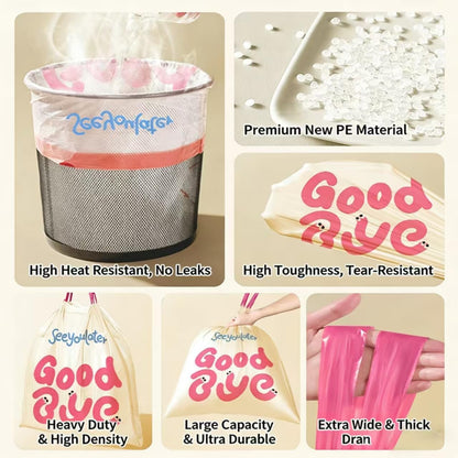 SeeYouLater 4 Gallon Trash Bags 150pcs Drawstring Tearing-Free for Bathroom Office Home Bedroom Trash Can with Pink Blue Alphabet Garbage Basket Bags