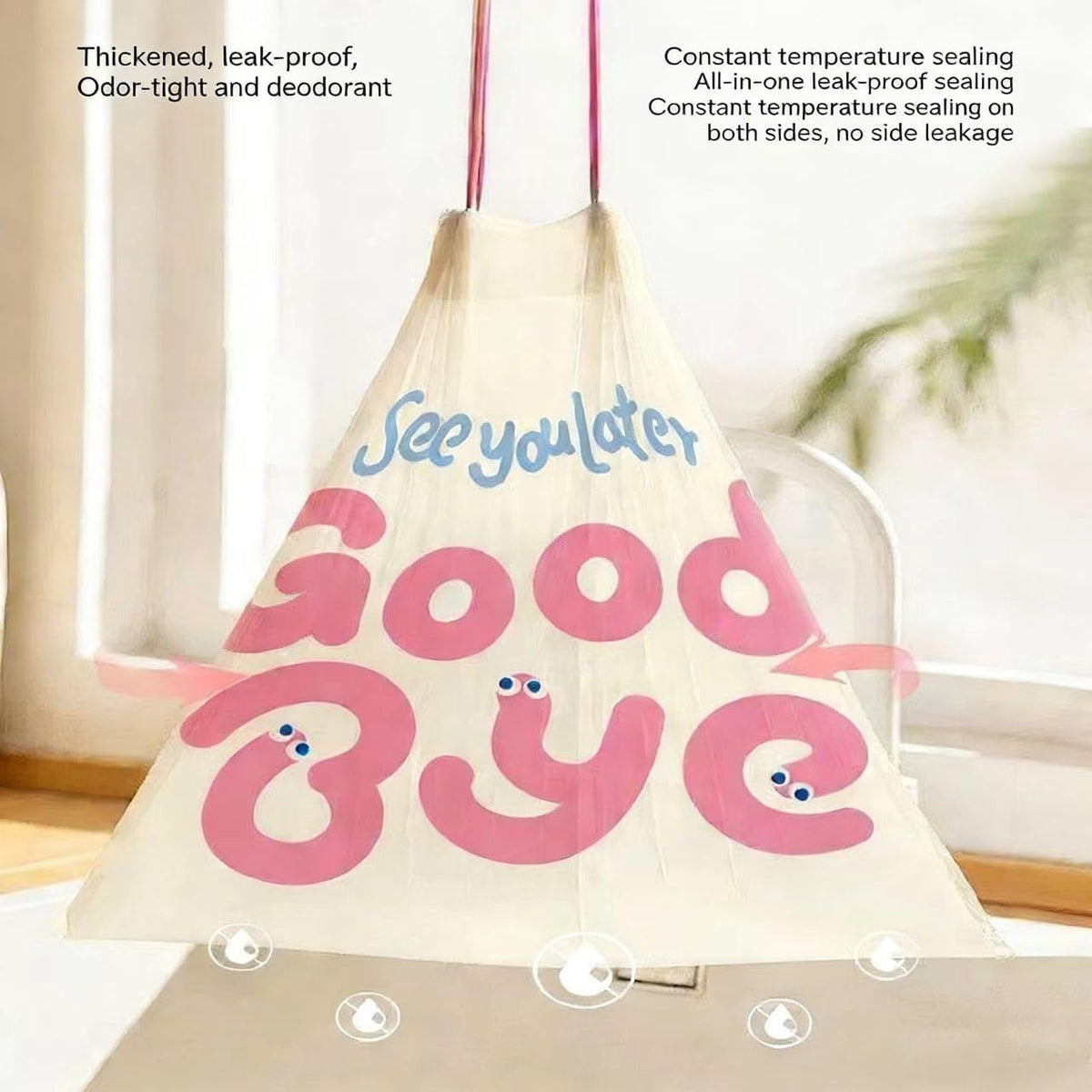 SeeYouLater 4 Gallon Trash Bags 150pcs Drawstring Tearing-Free for Bathroom Office Home Bedroom Trash Can with Pink Blue Alphabet Garbage Basket Bags