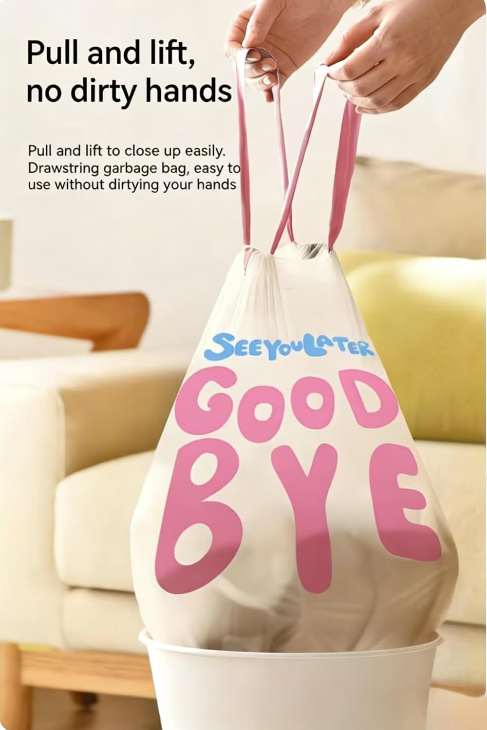 SeeYouLater 4 Gallon Trash Bags 150pcs Drawstring Tearing-Free for Bathroom Office Home Bedroom Trash Can with Pink Blue Alphabet Garbage Basket Bags