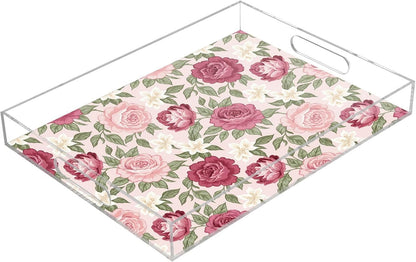 Floral Flowers Leaves Pink Print Serving Tray with Handles Decorative Ottoman Rectangle Acrylic Tray for Kitchen Coffee Table Living Room 16x12 Inch