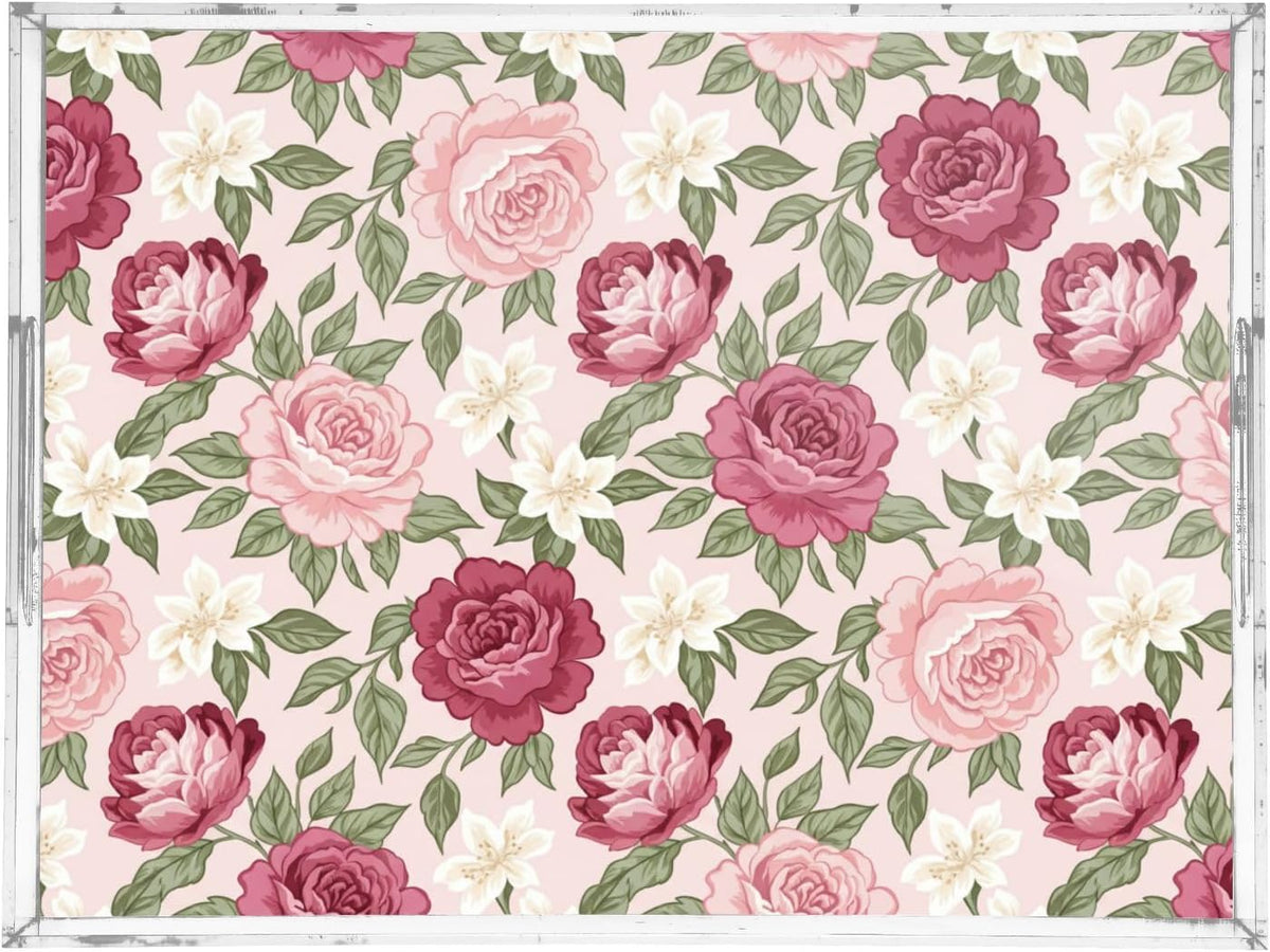 Floral Flowers Leaves Pink Print Serving Tray with Handles Decorative Ottoman Rectangle Acrylic Tray for Kitchen Coffee Table Living Room 16x12 Inch
