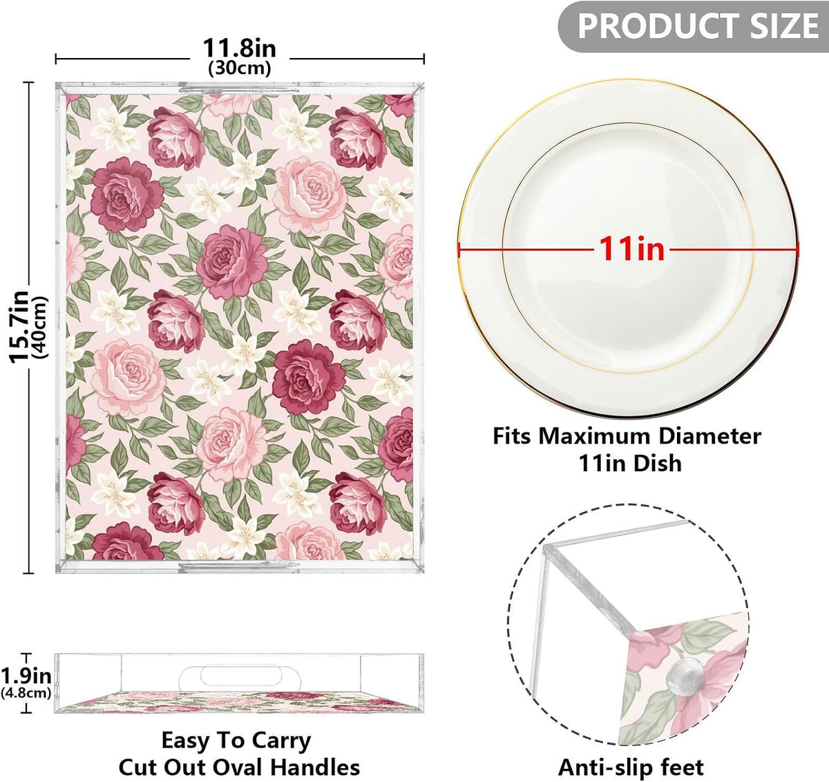 Floral Flowers Leaves Pink Print Serving Tray with Handles Decorative Ottoman Rectangle Acrylic Tray for Kitchen Coffee Table Living Room 16x12 Inch