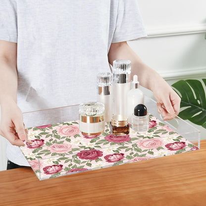 Floral Flowers Leaves Pink Print Serving Tray with Handles Decorative Ottoman Rectangle Acrylic Tray for Kitchen Coffee Table Living Room 16x12 Inch