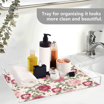 Floral Flowers Leaves Pink Print Serving Tray with Handles Decorative Ottoman Rectangle Acrylic Tray for Kitchen Coffee Table Living Room 16x12 Inch