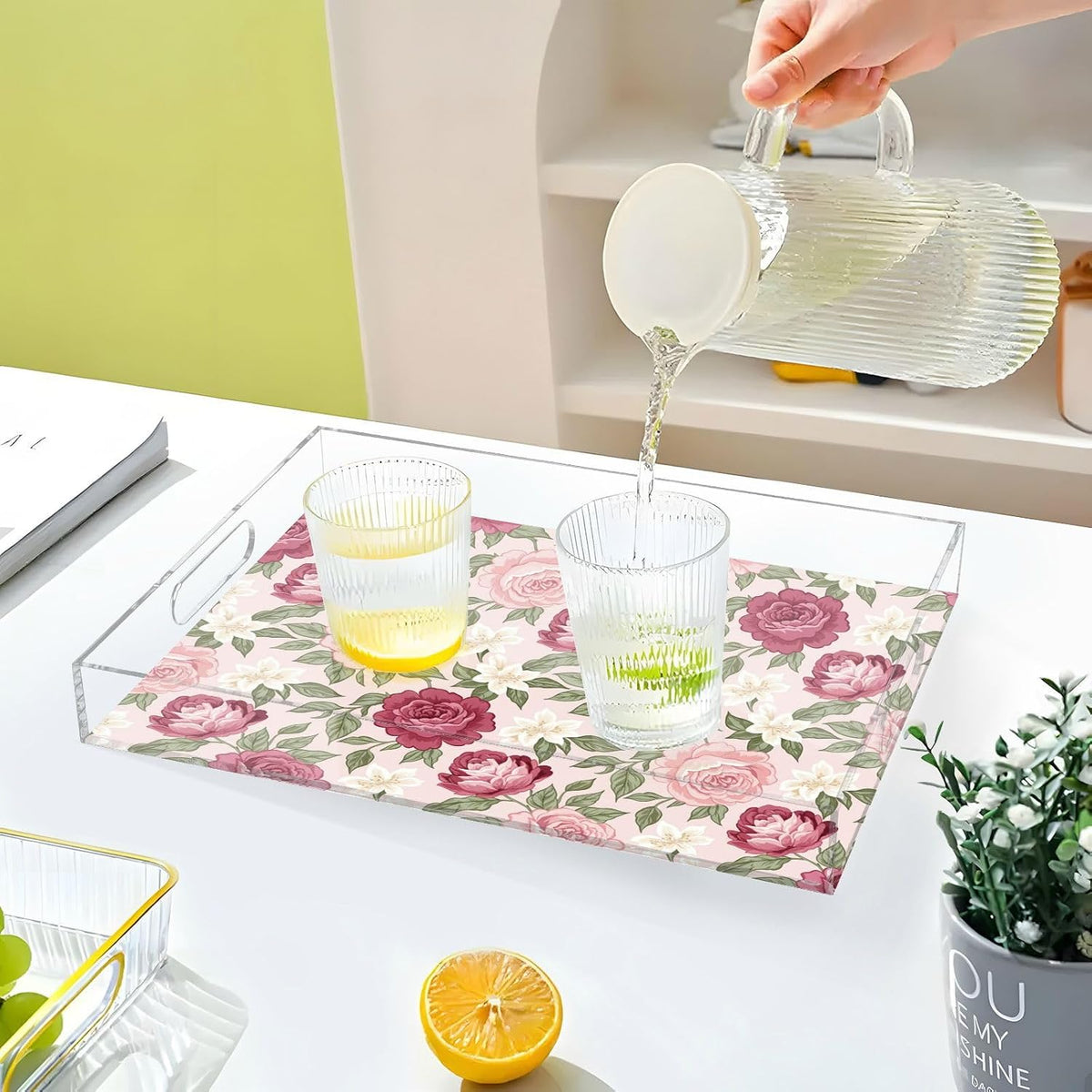 Floral Flowers Leaves Pink Print Serving Tray with Handles Decorative Ottoman Rectangle Acrylic Tray for Kitchen Coffee Table Living Room 16x12 Inch
