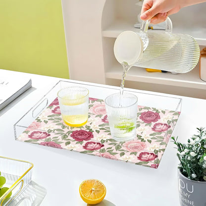 Floral Flowers Leaves Pink Print Serving Tray with Handles Decorative Ottoman Rectangle Acrylic Tray for Kitchen Coffee Table Living Room 16x12 Inch