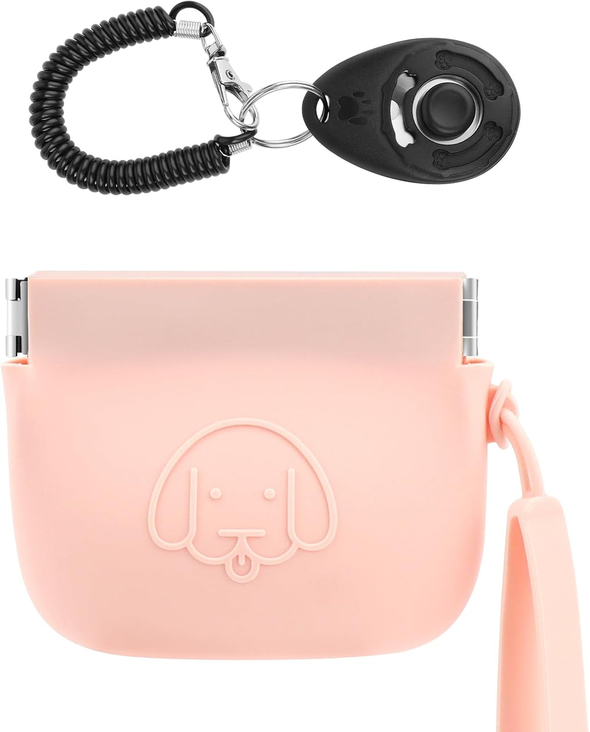 Silicone Dog Treat Pouch, Auto Closure, with Pet Training Clicker, Walking Bag for Dog and Cat, Pocket Size, Easy to Clean, Odorless, Travel Bag (Pink)