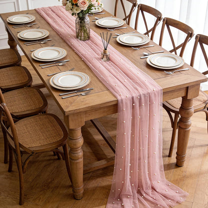 Pearl Table Runner, 63x120In Sheer Chiffon Lace for Wedding Birthday