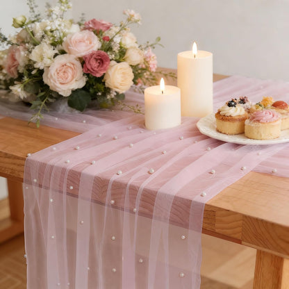 Pearl Table Runner, 63x120In Sheer Chiffon Lace for Wedding Birthday