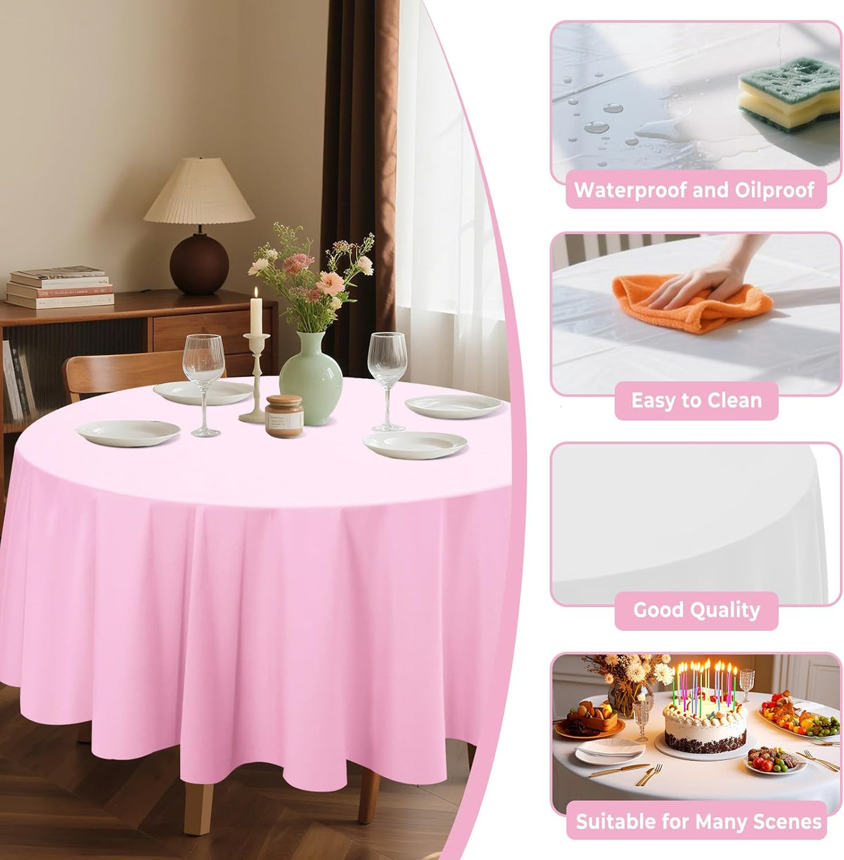 8 Pack Plastic Tablecloth 84" Disposable Table Cloths for 6 to 8 Foot Tables Round Table Cover for Parties (Pink, Round)