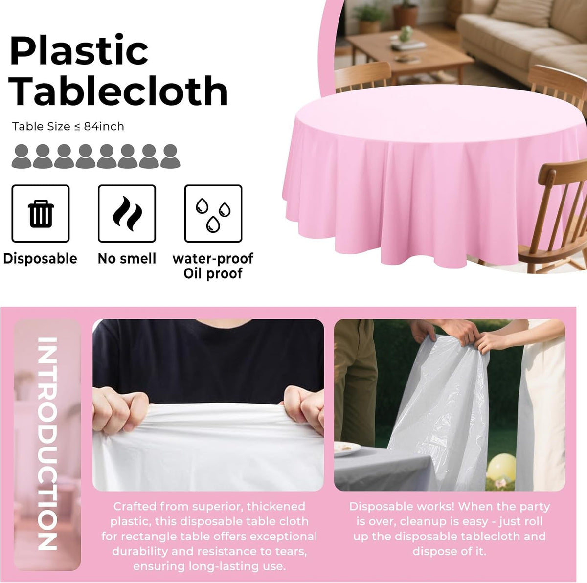 8 Pack Plastic Tablecloth 84" Disposable Table Cloths for 6 to 8 Foot Tables Round Table Cover for Parties (Pink, Round)
