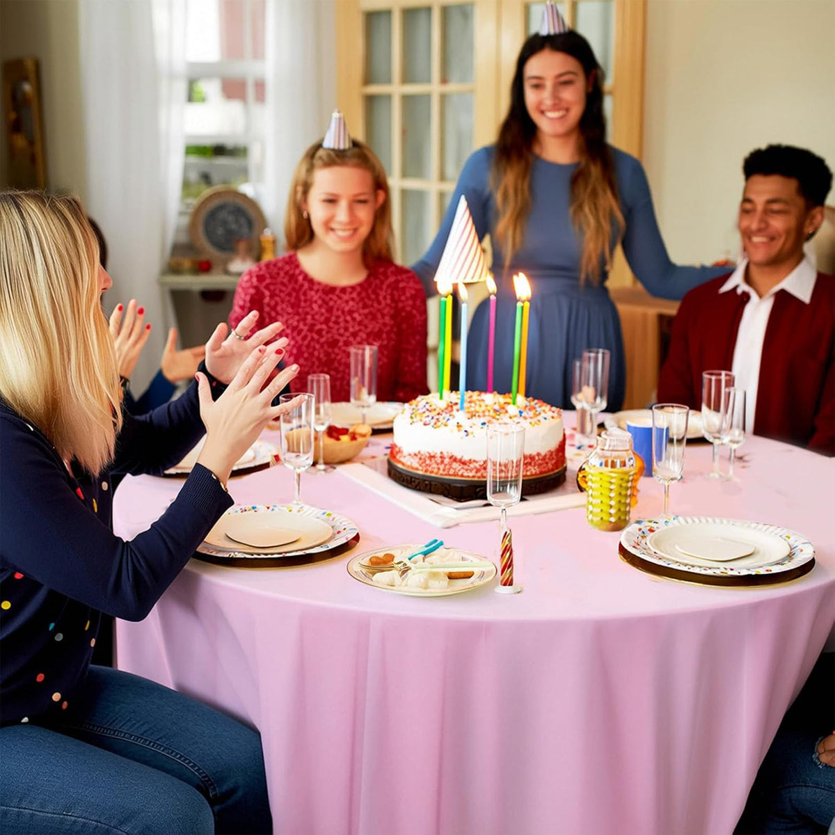 8 Pack Plastic Tablecloth 84" Disposable Table Cloths for 6 to 8 Foot Tables Round Table Cover for Parties (Pink, Round)