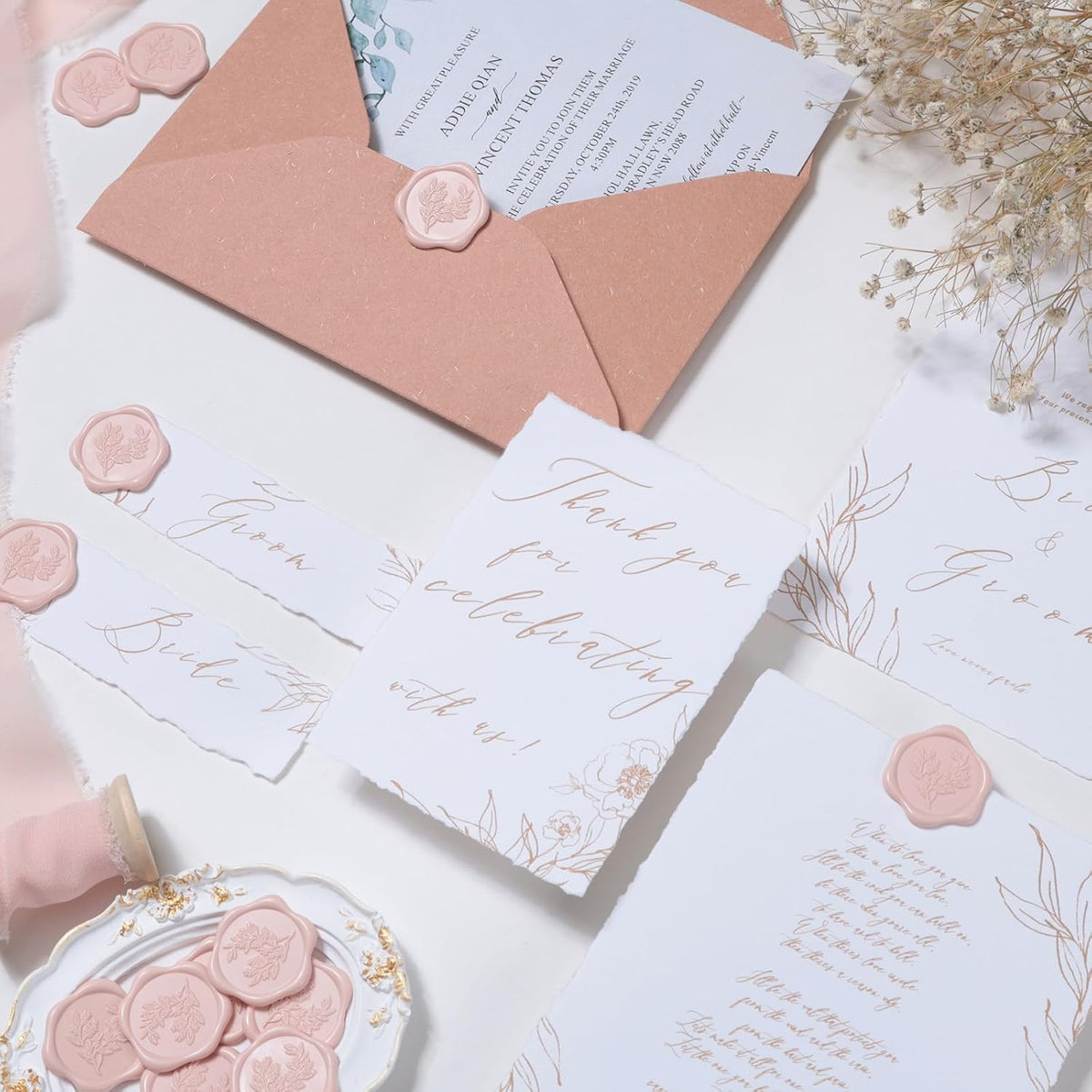 Wax Seal Stickers - Eucalyptus Wedding Invitation Envelope Seal Stickers, 50 Pcs Self- Adhesive Blush Pink Stickers, Perfect for Invitation, Christmas, Gift Wrapping, Party