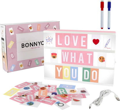 Pink Cinema Light Box with 400 Letters, Emojis, 2 Markers. Led Light Box Home Office and Room Decor, Cinema Led Sign Letters Board. Gifts for Women Girls Christmas Birthdays, Pink Decor