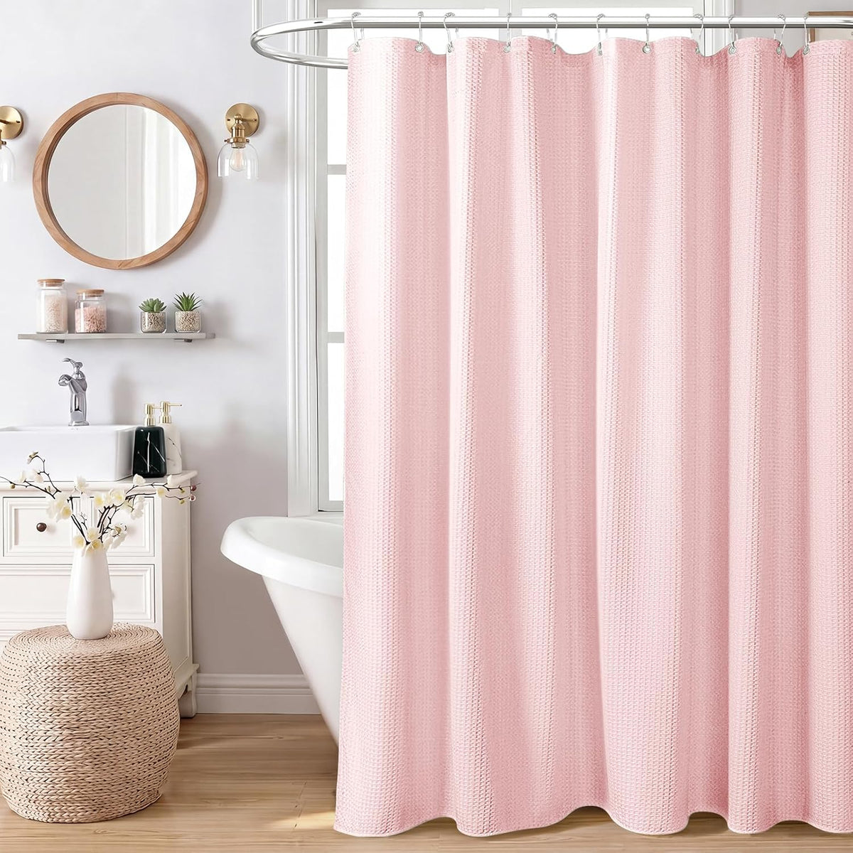 Waffle Shower Curtain 256 GSM Heavy Duty Fabric 72"x72" Pink