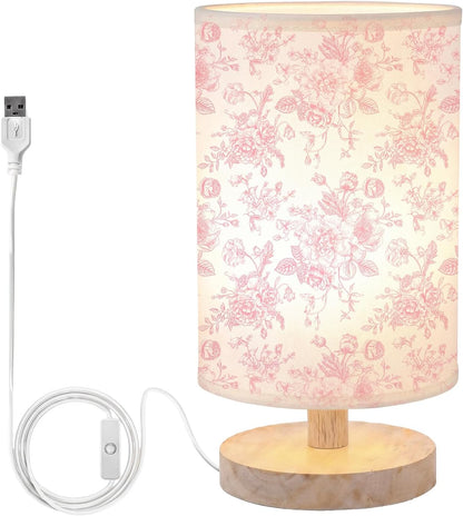 Pink Flower Small Table Lamp Bedside Floral Lamp with USB Ports