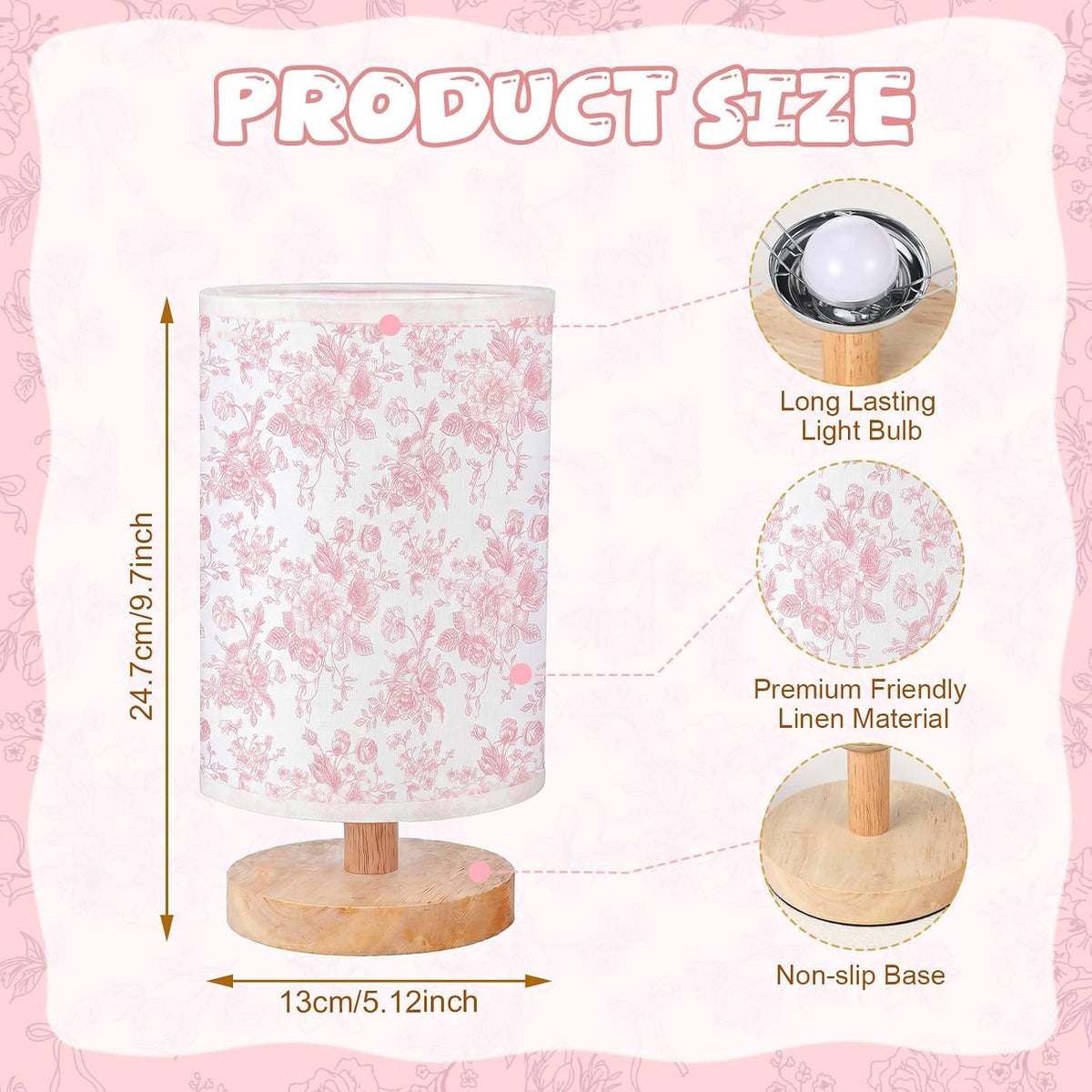Pink Flower Small Table Lamp Bedside Floral Lamp with USB Ports