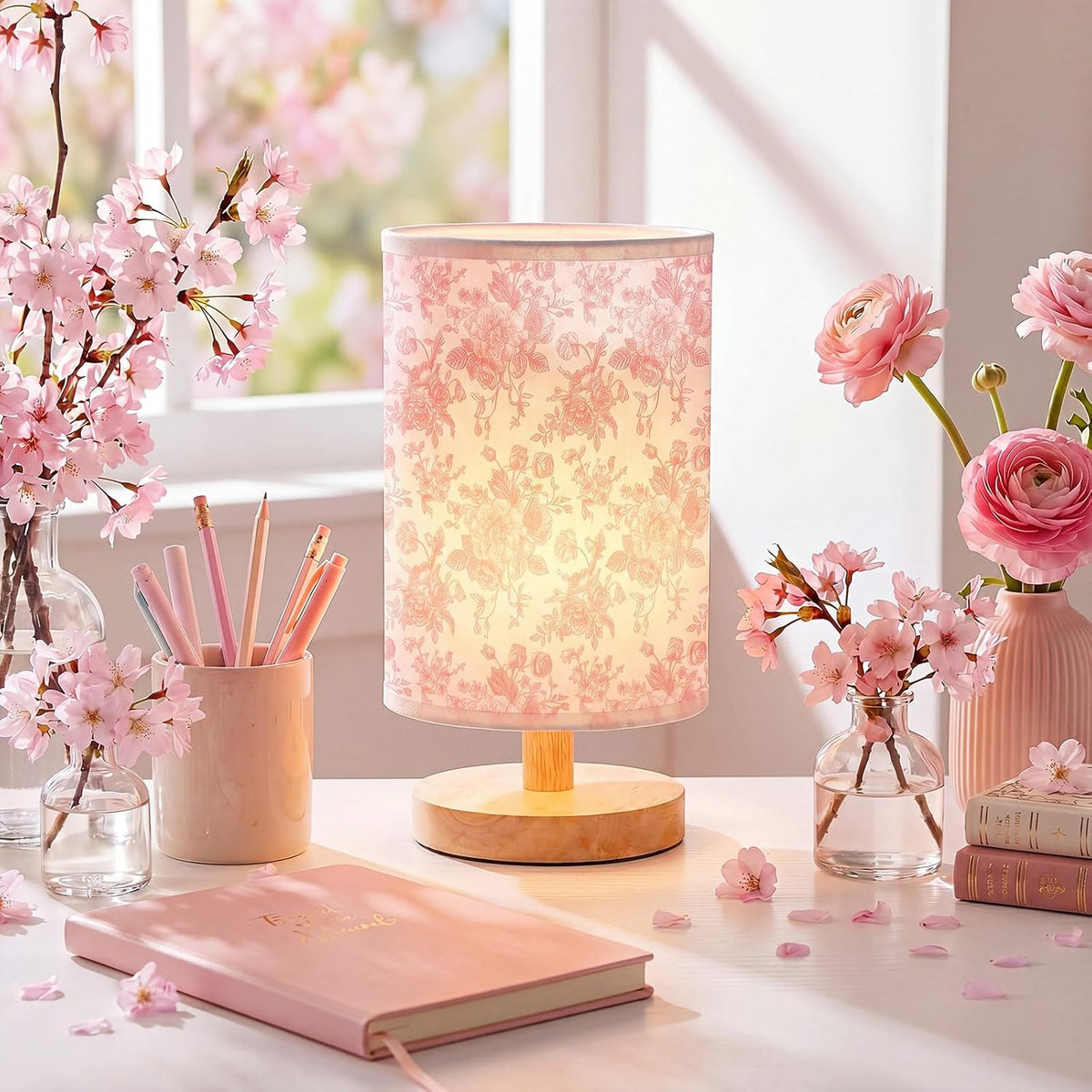 Pink Flower Small Table Lamp Bedside Floral Lamp with USB Ports