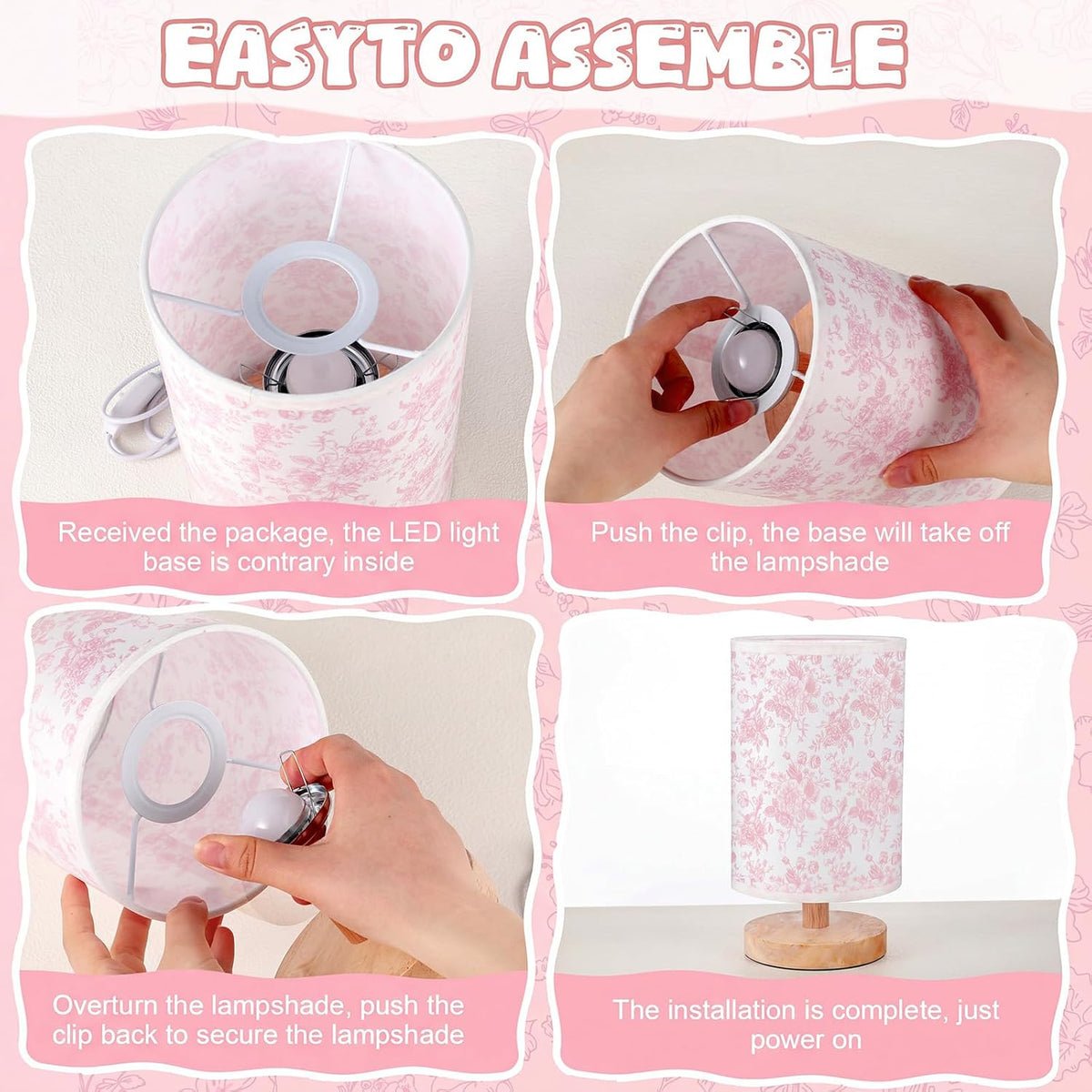 Pink Flower Small Table Lamp Bedside Floral Lamp with USB Ports
