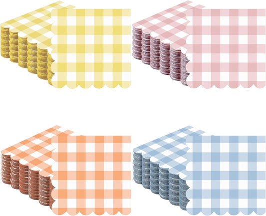 Fulmoon 100 Pack Gingham Pastel Checkered Napkin 2 Ply Disposable Scalloped Cocktail Napkins Plaid Paper Decoration for Wedding Birthday Beverage Fiesta Baby Shower 5 x 5 Inches