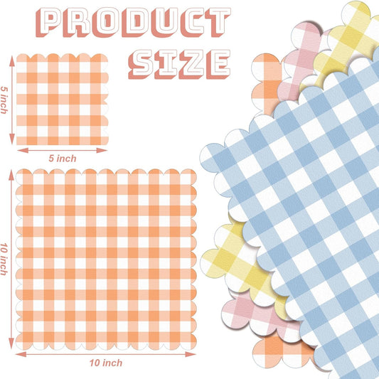 Fulmoon 100 Pack Gingham Pastel Checkered Napkin 2 Ply Disposable Scalloped Cocktail Napkins Plaid Paper Decoration for Wedding Birthday Beverage Fiesta Baby Shower 5 x 5 Inches