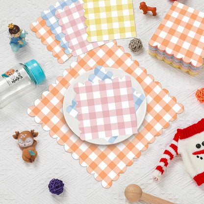Fulmoon 100 Pack Gingham Pastel Checkered Napkin 2 Ply Disposable Scalloped Cocktail Napkins Plaid Paper Decoration for Wedding Birthday Beverage Fiesta Baby Shower 5 x 5 Inches