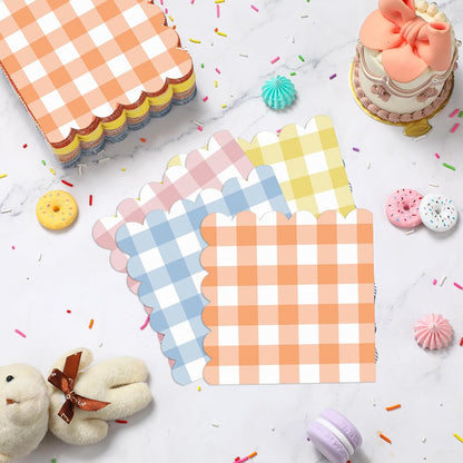 Fulmoon 100 Pack Gingham Pastel Checkered Napkin 2 Ply Disposable Scalloped Cocktail Napkins Plaid Paper Decoration for Wedding Birthday Beverage Fiesta Baby Shower 5 x 5 Inches