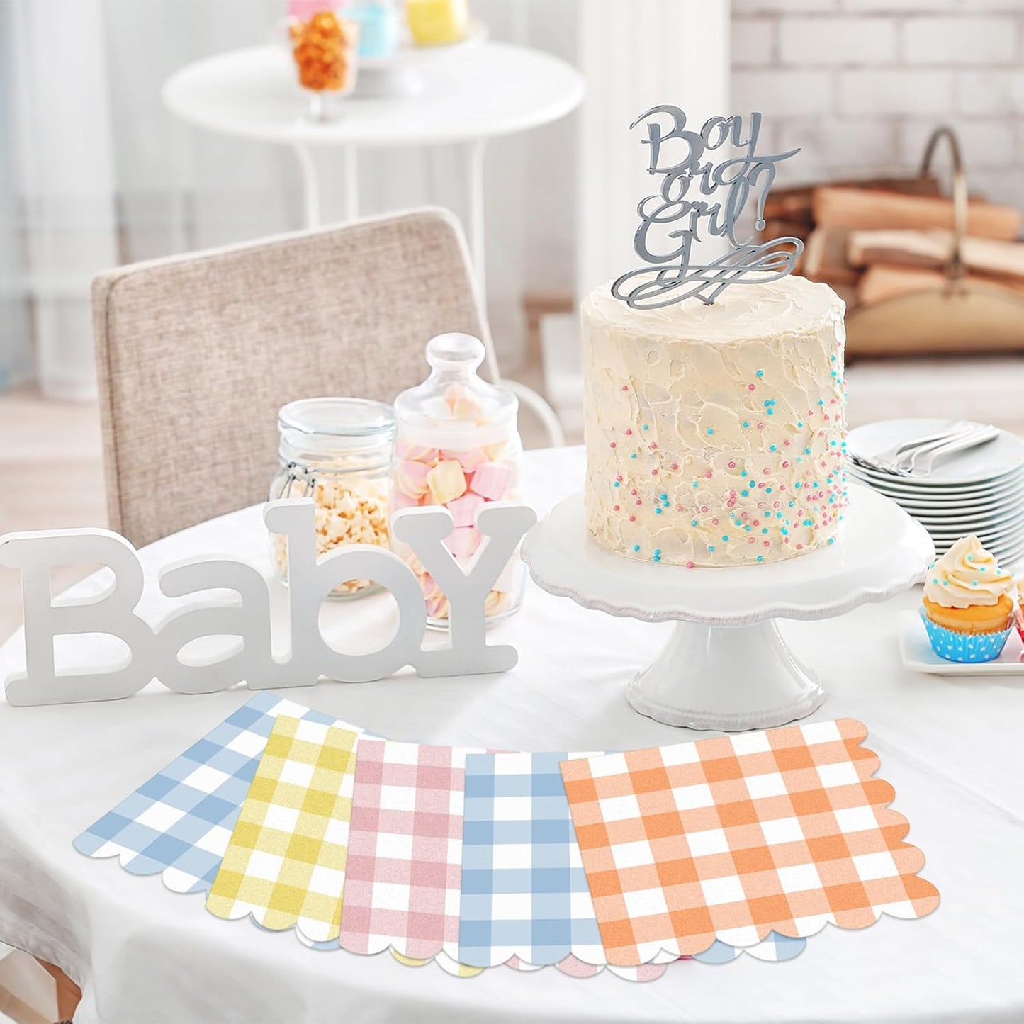Fulmoon 100 Pack Gingham Pastel Checkered Napkin 2 Ply Disposable Scalloped Cocktail Napkins Plaid Paper Decoration for Wedding Birthday Beverage Fiesta Baby Shower 5 x 5 Inches