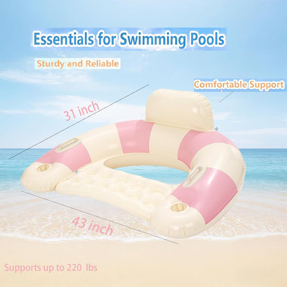 2 pcs Inflatable Pool Float Chair - 43" Pool Floaties Chair Floats Loungers for Swimming Pools Floating Lounger with Cup Holders Party Floaties for Adults