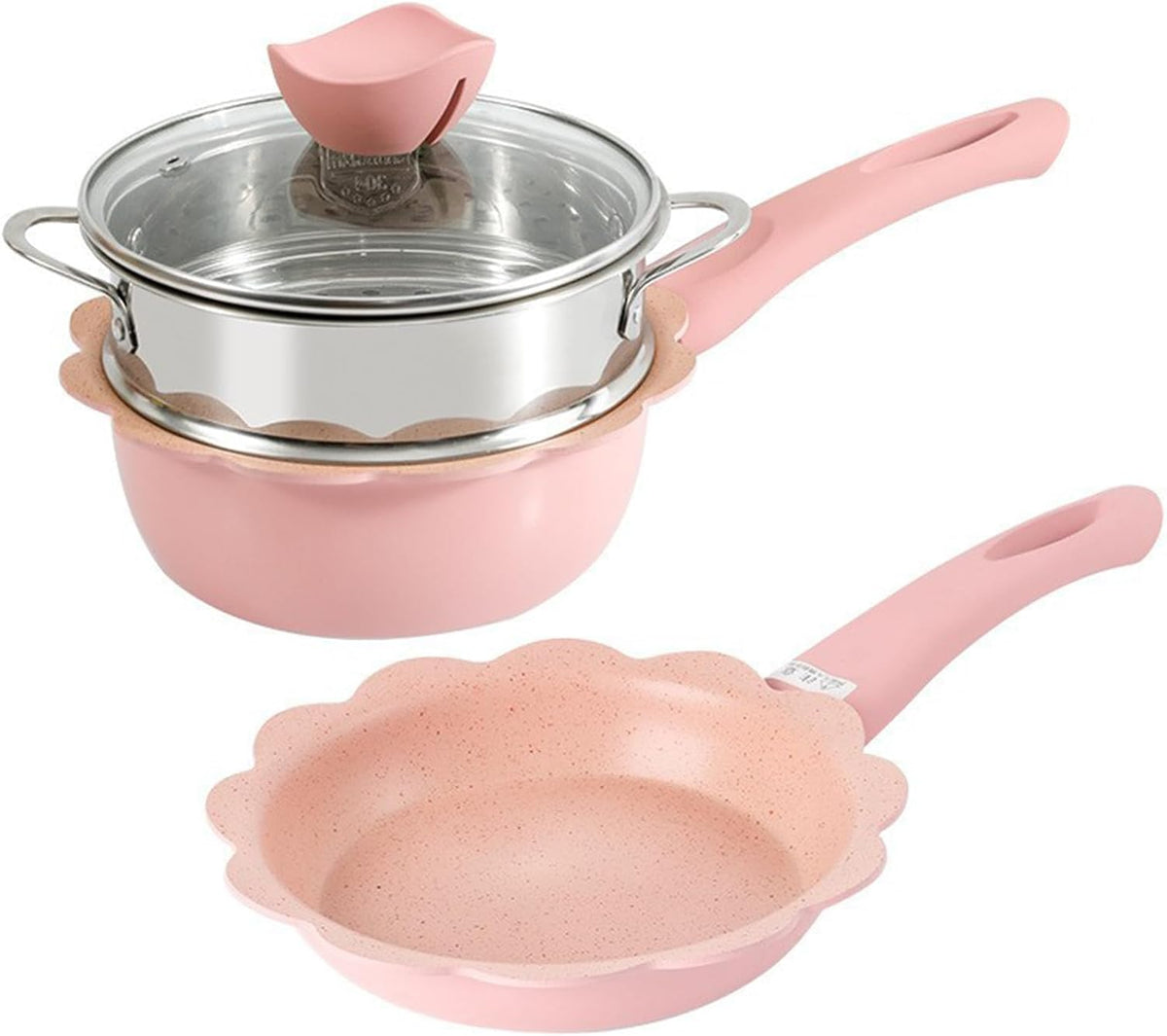 Saucepan with Glass Lid, Multipurpose Sauce Pan with Visible Lid Steaming Basket Heat Proof Handles Nonstick Sauce Cooking Pot Milk Pan, Steaming Basket Visible Lid,Pink