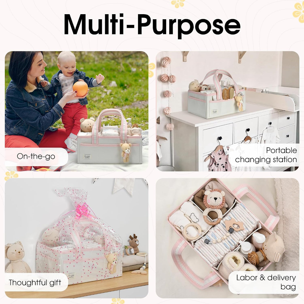 Baby Diaper Caddy Organizer, XL Baby Basket Shower Gift Caddy, Portable Felt Changing Table Basket, Nursery Storage Bin, Newborn Boy and Girl Essentials for Registry, Car Diaper Organizer
