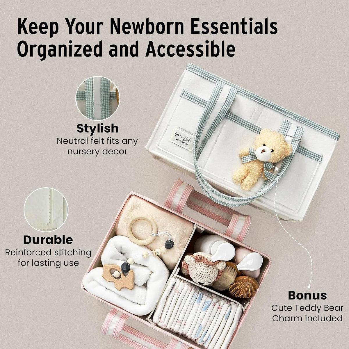 Baby Diaper Caddy Organizer, XL Baby Basket Shower Gift Caddy, Portable Felt Changing Table Basket, Nursery Storage Bin, Newborn Boy and Girl Essentials for Registry, Car Diaper Organizer