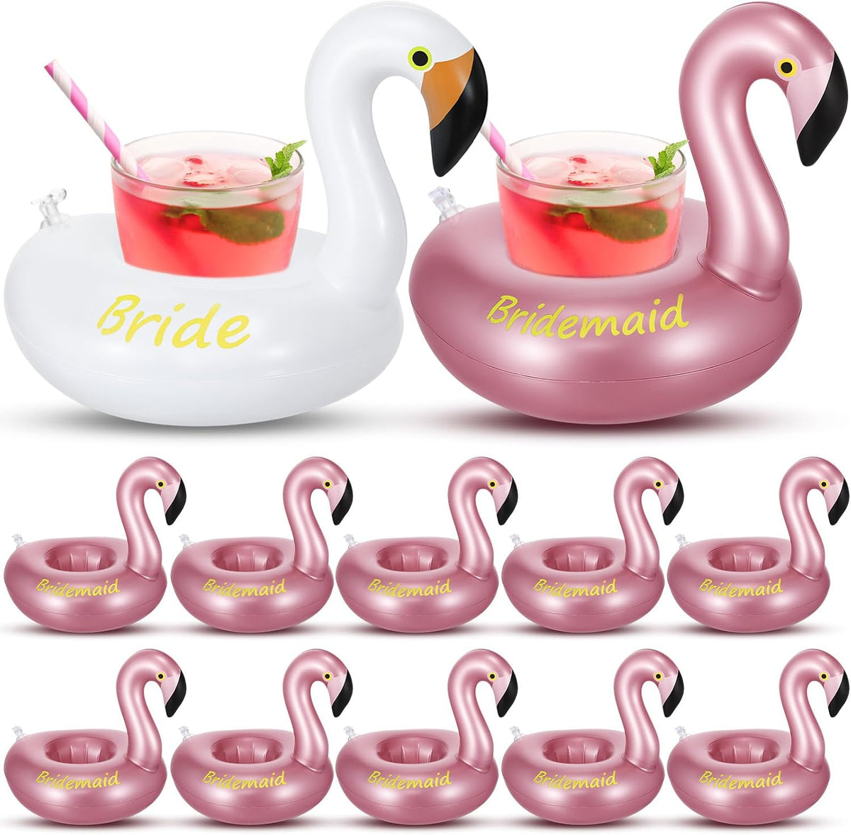 12 Pack Flamingo Inflatable Drink Holder Drink Pool Float Reusable Float Cup Coasters for Wedding Bachelorette Bridal Shower Party, White and Rose Gold
