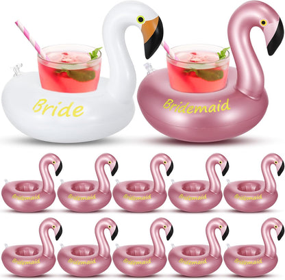 12 Pack Flamingo Inflatable Drink Holder Drink Pool Float Reusable Float Cup Coasters for Wedding Bachelorette Bridal Shower Party, White and Rose Gold