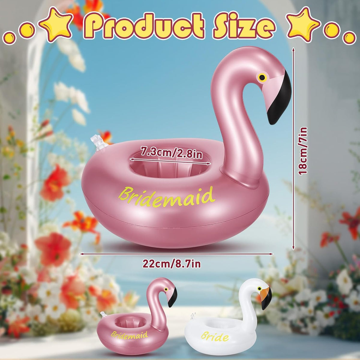 12 Pack Flamingo Inflatable Drink Holder Drink Pool Float Reusable Float Cup Coasters for Wedding Bachelorette Bridal Shower Party, White and Rose Gold