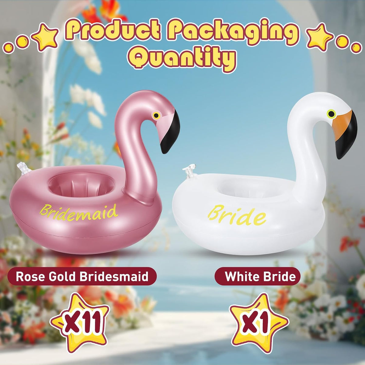 12 Pack Flamingo Inflatable Drink Holder Drink Pool Float Reusable Float Cup Coasters for Wedding Bachelorette Bridal Shower Party, White and Rose Gold