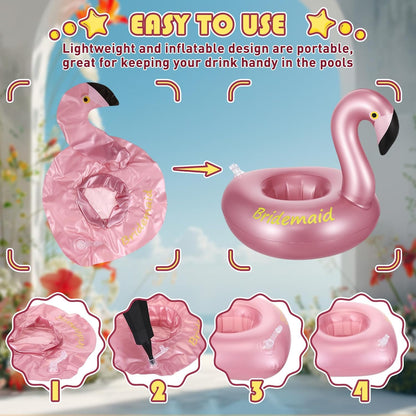 12 Pack Flamingo Inflatable Drink Holder Drink Pool Float Reusable Float Cup Coasters for Wedding Bachelorette Bridal Shower Party, White and Rose Gold