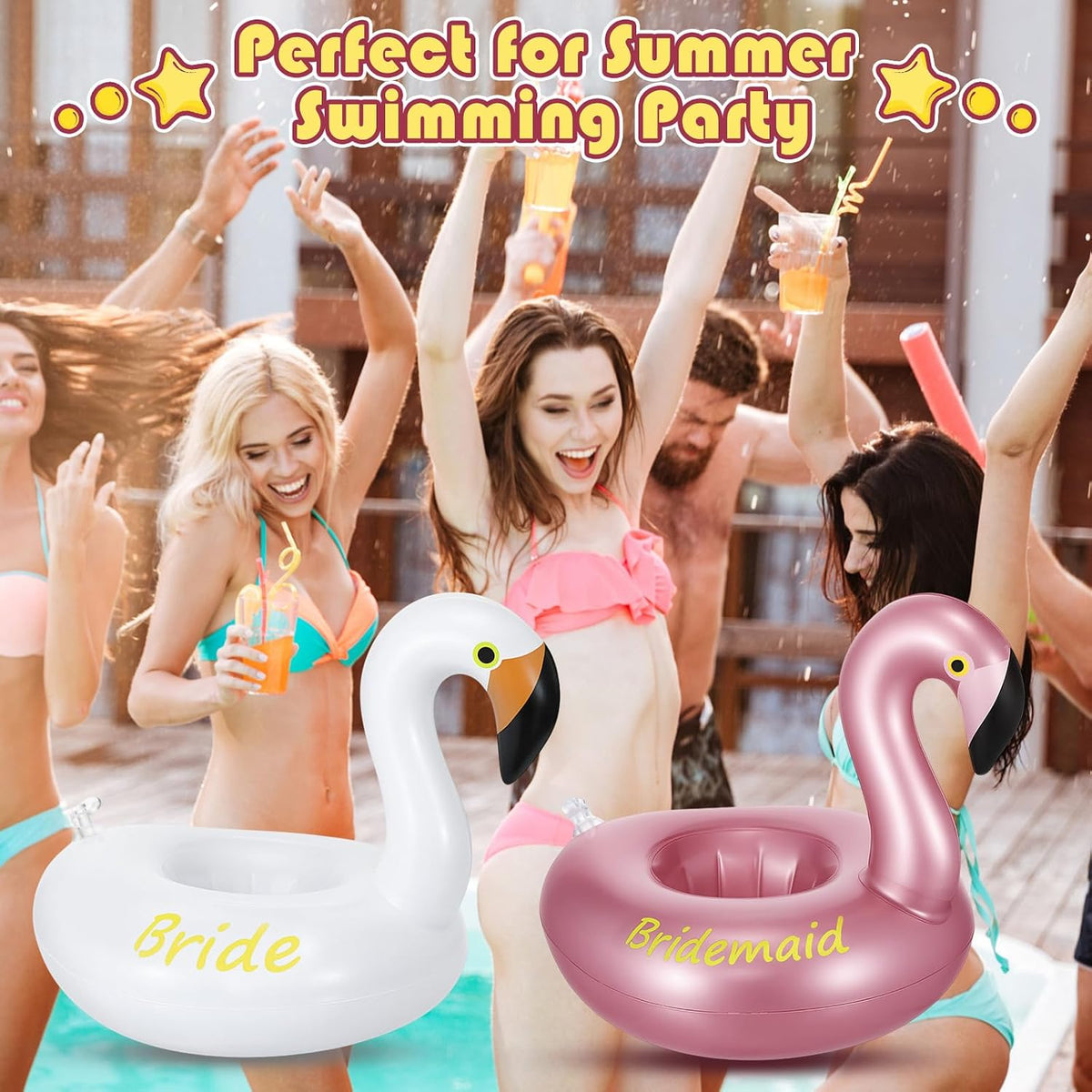 12 Pack Flamingo Inflatable Drink Holder Drink Pool Float Reusable Float Cup Coasters for Wedding Bachelorette Bridal Shower Party, White and Rose Gold