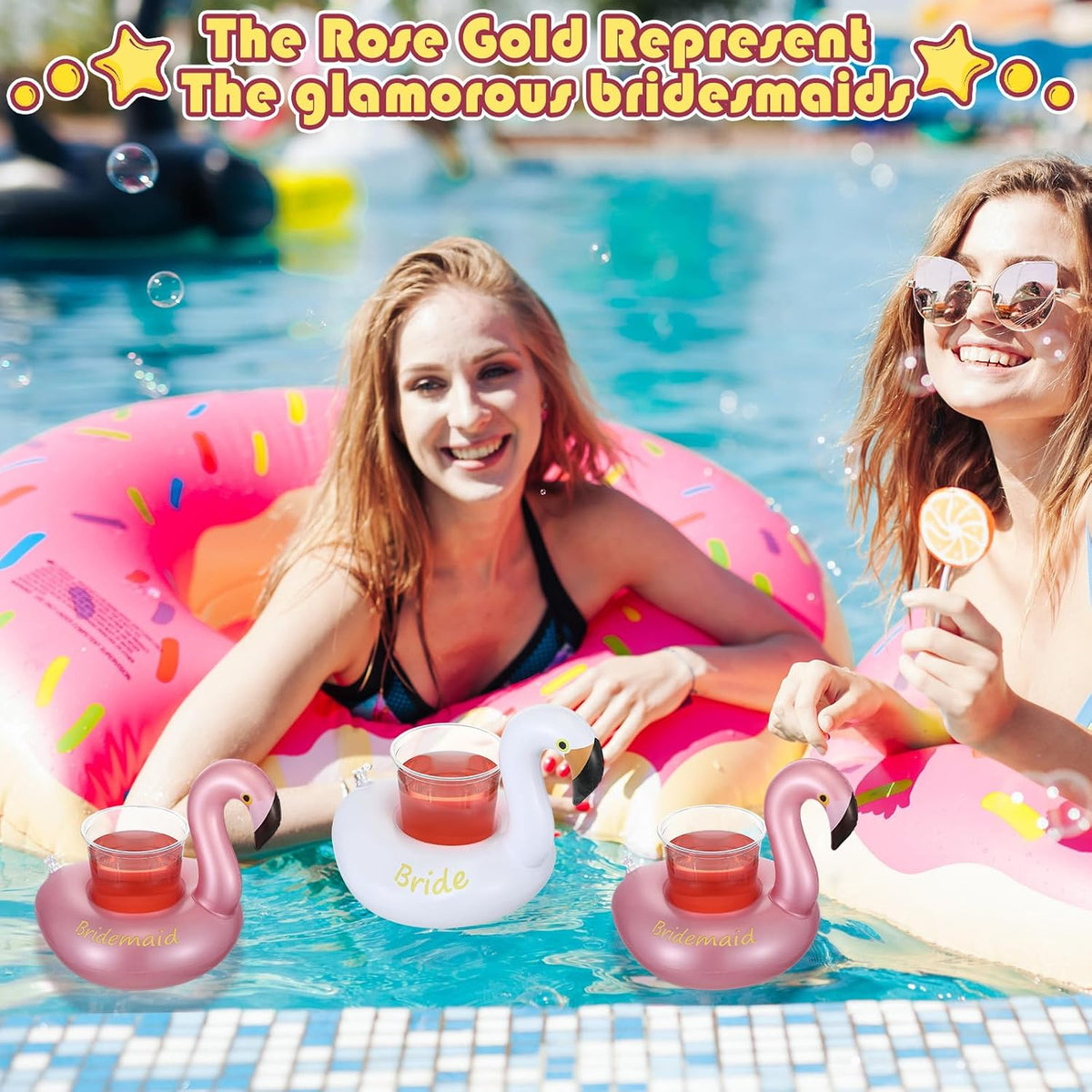 12 Pack Flamingo Inflatable Drink Holder Drink Pool Float Reusable Float Cup Coasters for Wedding Bachelorette Bridal Shower Party, White and Rose Gold