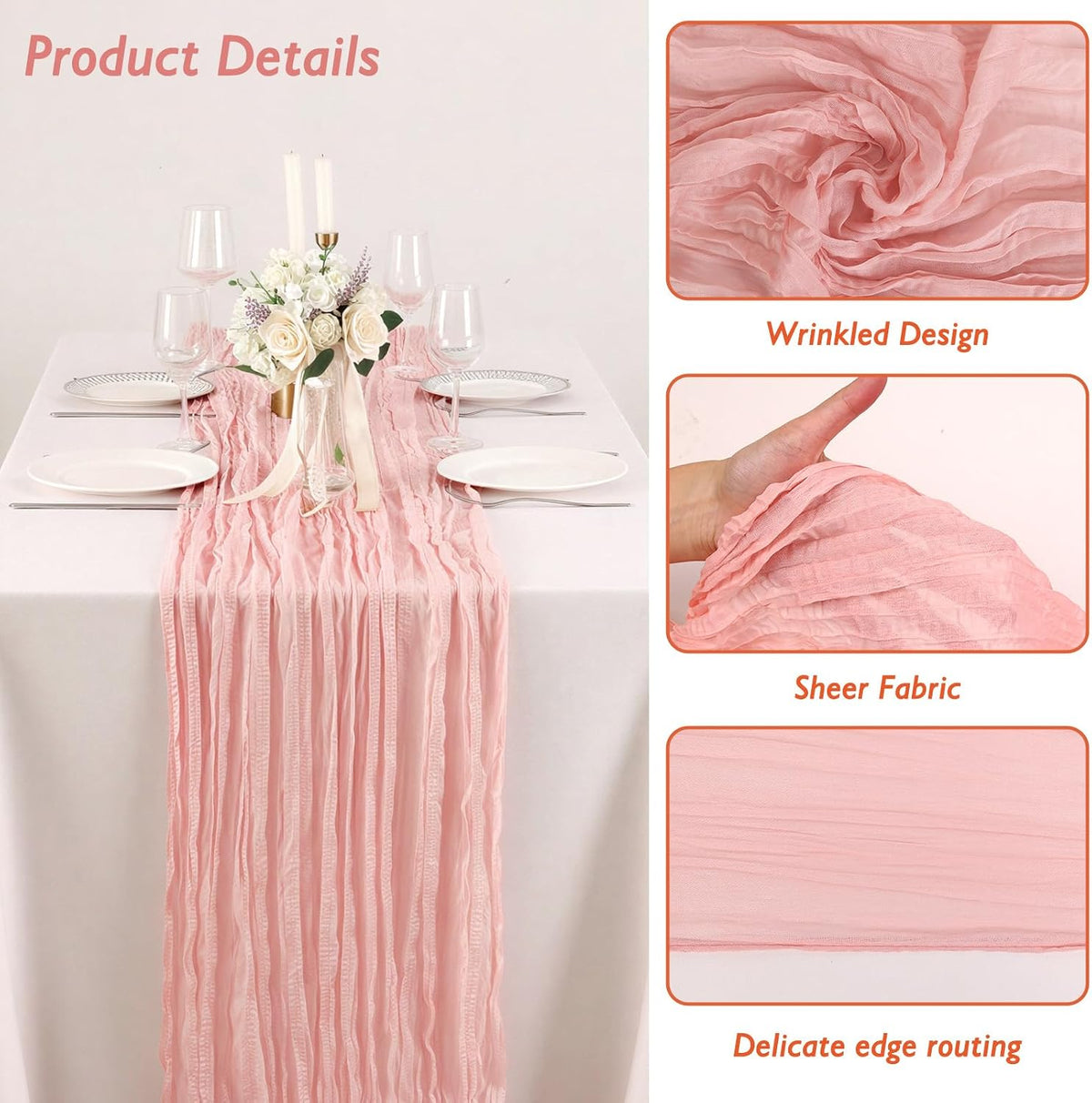 3 Pack Peach Pink Cheesecloth Table Runner 120 Inch Boho Wedding Decor