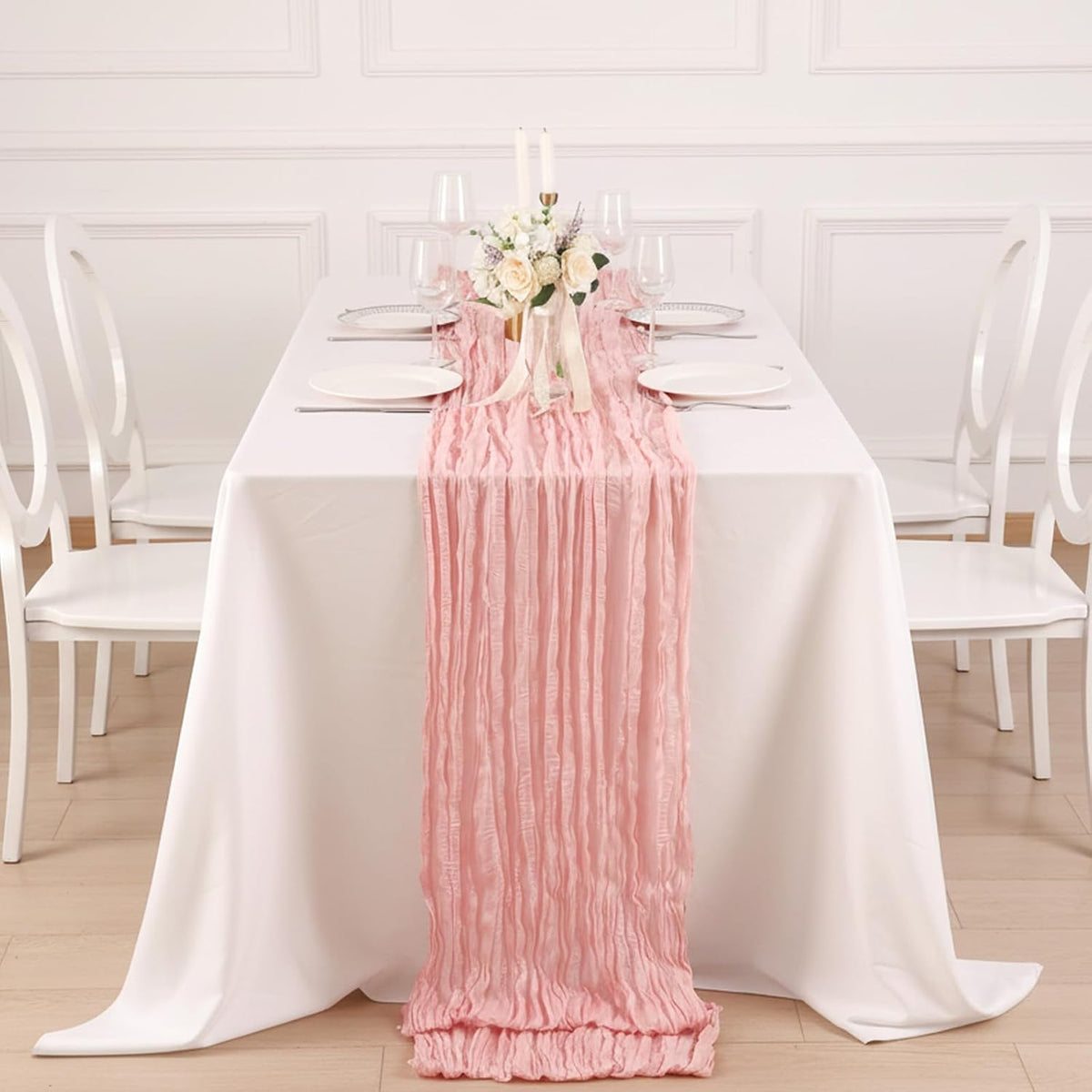 3 Pack Peach Pink Cheesecloth Table Runner 120 Inch Boho Wedding Decor