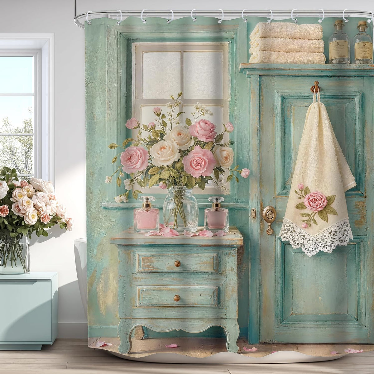 Rustic Floral Retro Turquoise Farmhouse Green Bathroom Shower Curtain Set