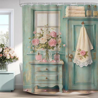 Rustic Floral Retro Turquoise Farmhouse Green Bathroom Shower Curtain Set