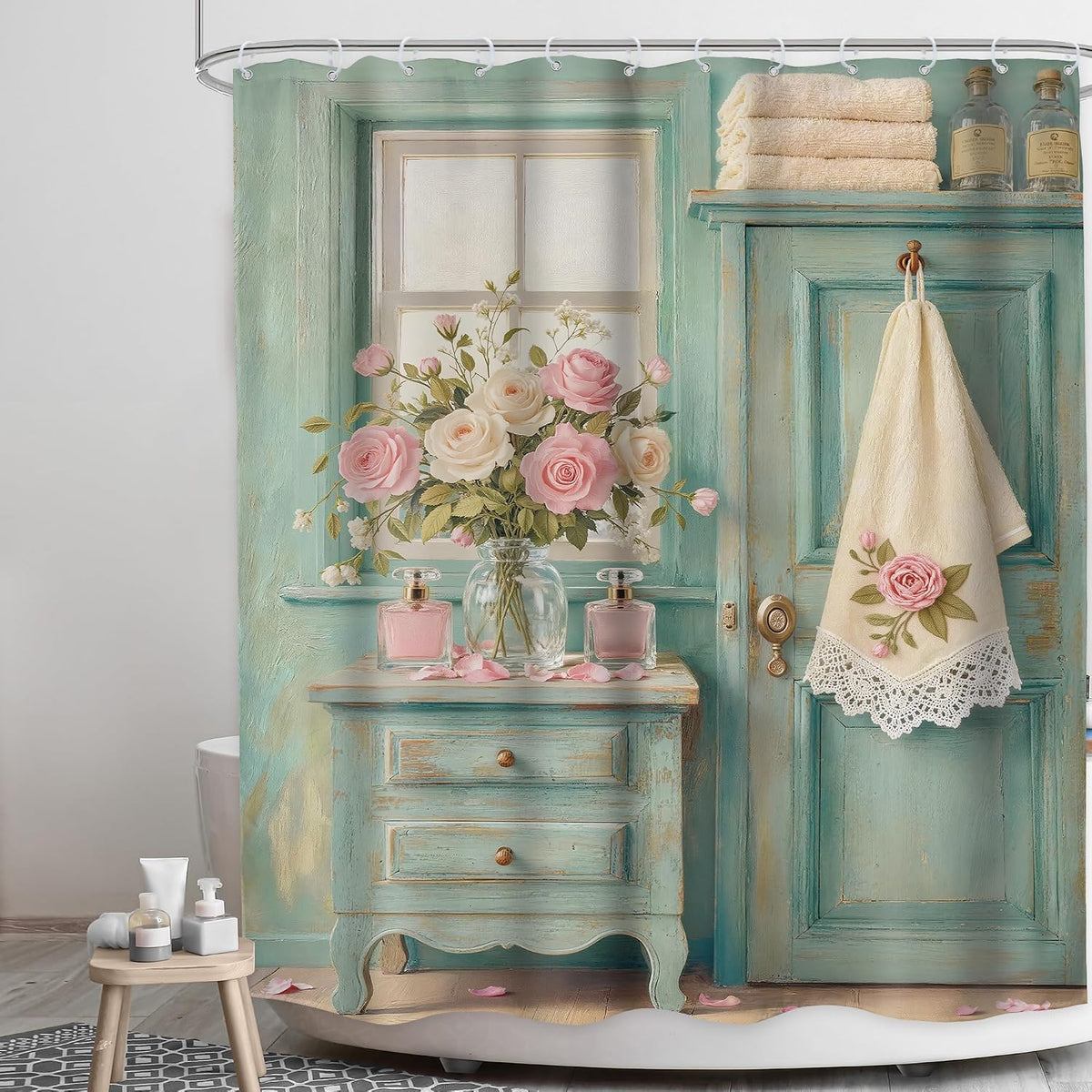 Rustic Floral Retro Turquoise Farmhouse Green Bathroom Shower Curtain Set