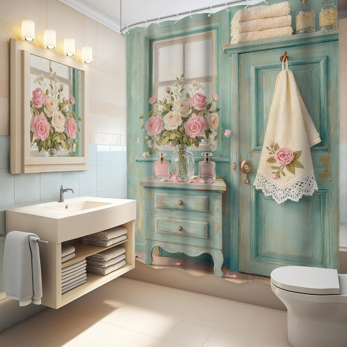 Rustic Floral Retro Turquoise Farmhouse Green Bathroom Shower Curtain Set